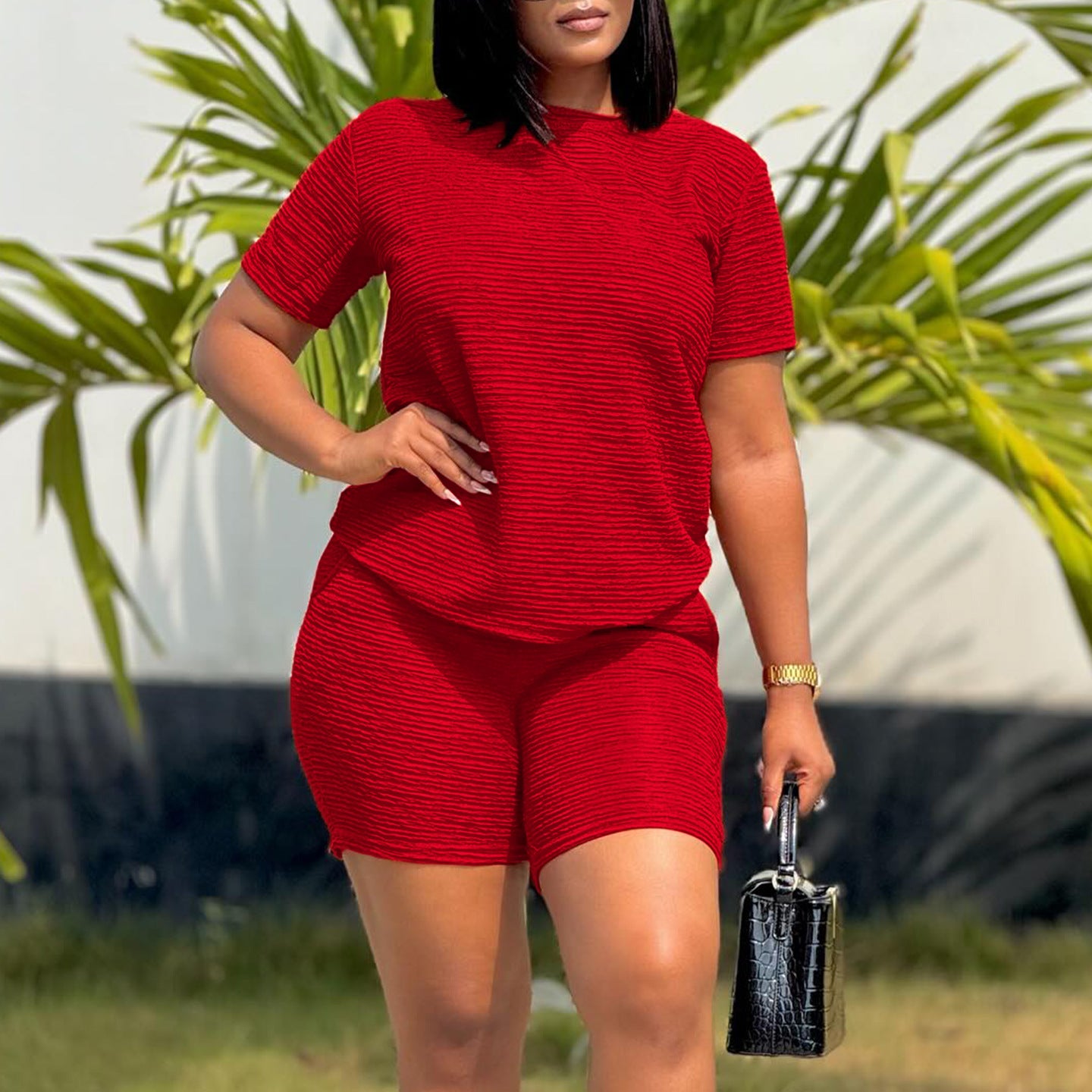 New Loose Solid Color Short Sleeve Top Shorts Fashion Casual Set