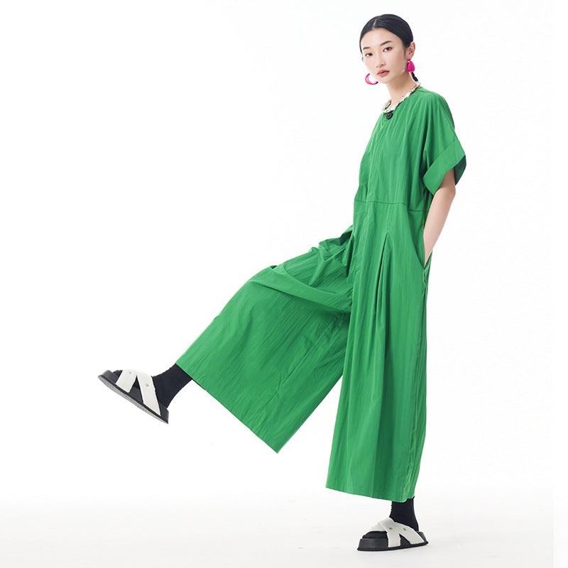 Fashion Large Buttons Round Neck Short Sleeve Cargo Overalls Summer