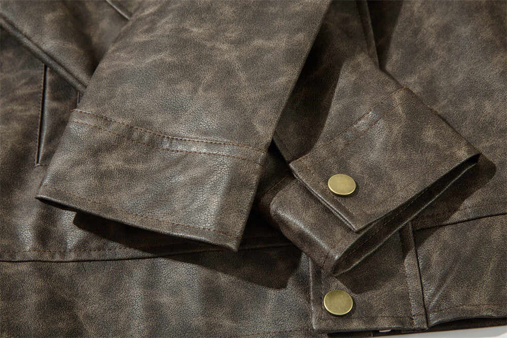 Contrast Color Texture PU Leather Coat Male