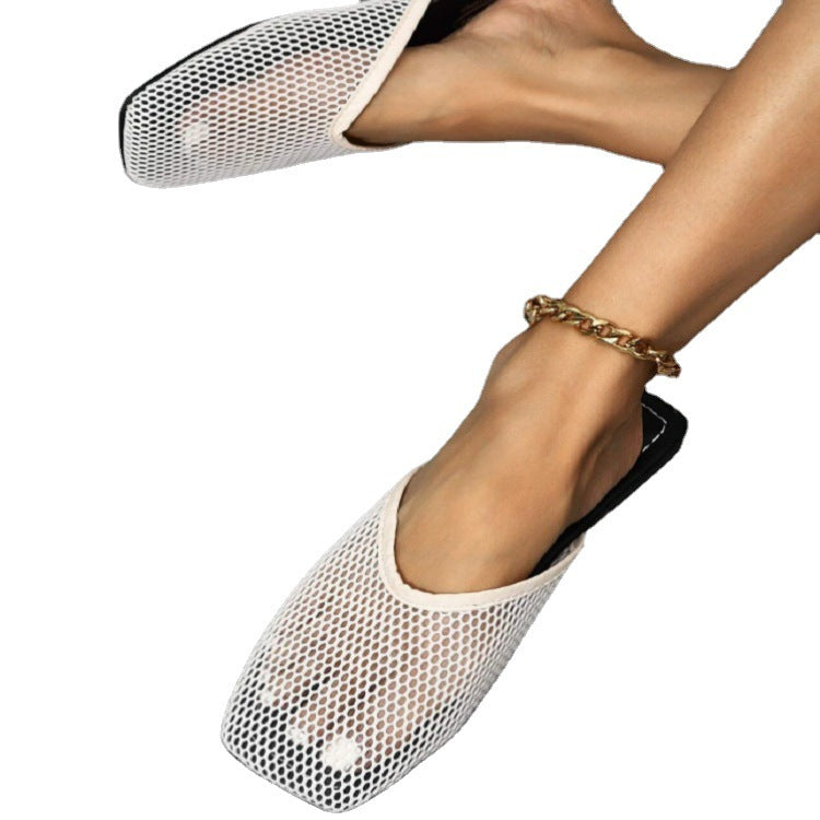 Mesh Flat Bottom Square Head Flip Flop Ladies Slippers