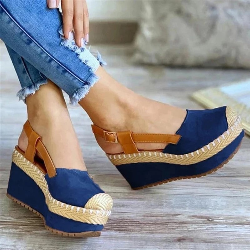 Wedge Heel Color-blocked Toe-toe Straw Buckle Sandals