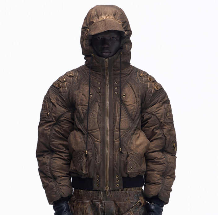 Mens Brown Cotton Padded Jacket With Dyed Yarn