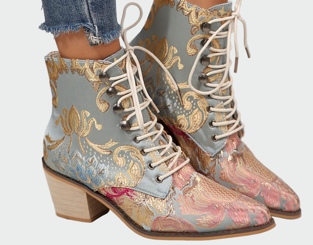 Ethnic Style Pointed Thick Heel Lace Embroidered Short Boots Women