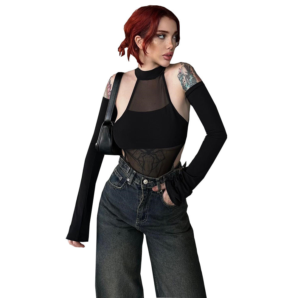 Long Sleeve Crotch Mesh Hollow High Elastic One-piece Women's Top
