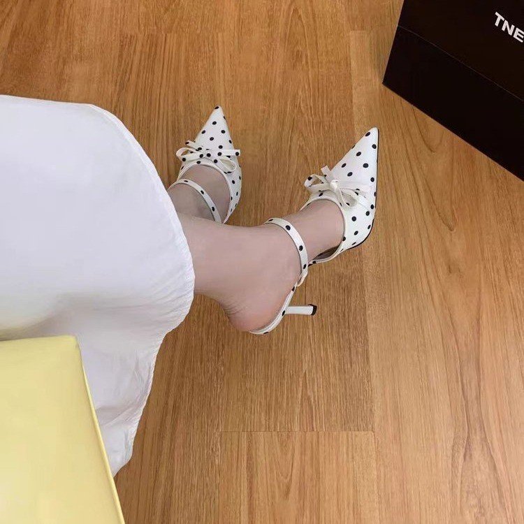 Summer New Women's Polka Dot Pointed Toe High Heels, Bow Backless Mule Sandals, Slim Heel Closed Toe Slide Sandals For Women