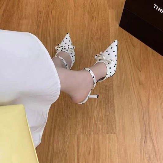 Summer New Women's Polka Dot Pointed Toe High Heels, Bow Backless Mule Sandals, Slim Heel Closed Toe Slide Sandals For Women
