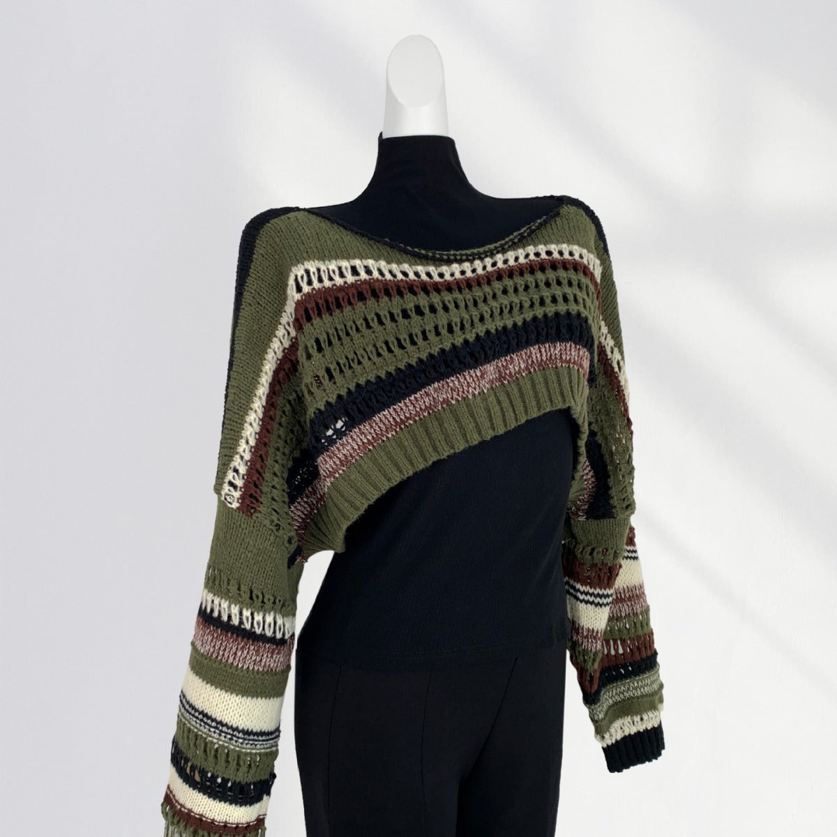 Retro American Hot Girl Lazy Sweater Women's Crocheted Striped Stitching Loose Short