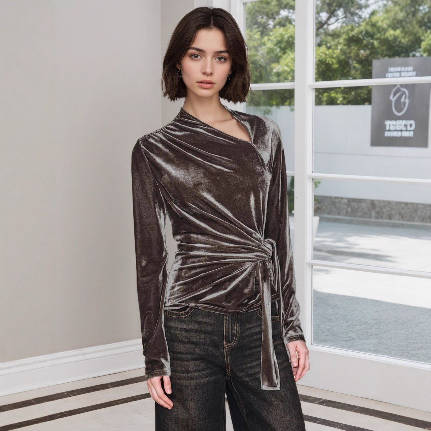 Half-open-collar Long-sleeve Base Shirt A Slim