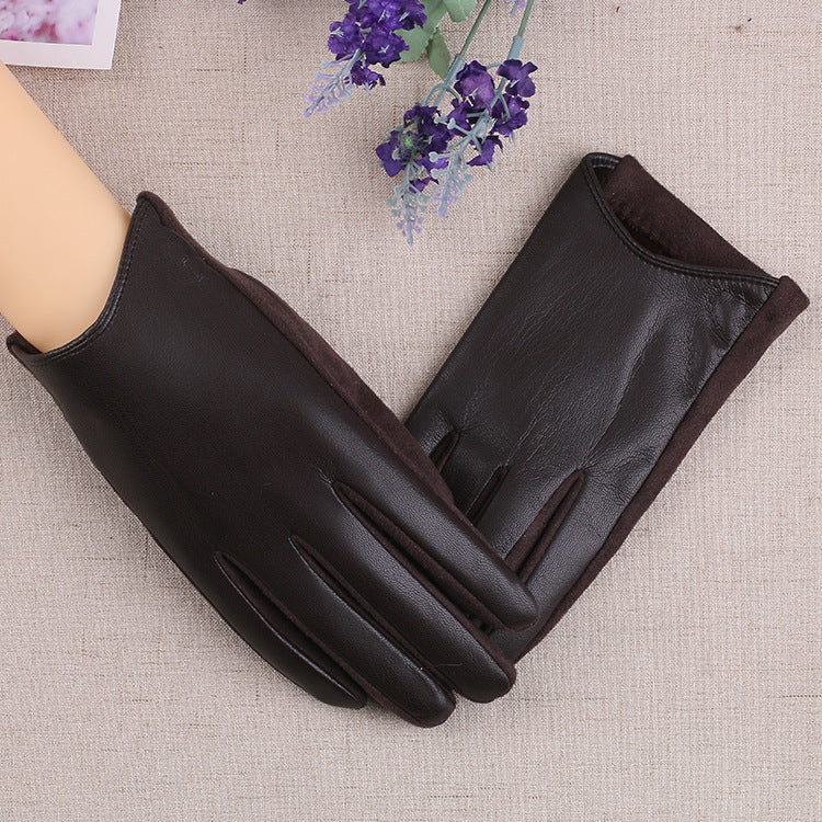 PU Leather Gloves Women's Winter Fleece Thick Touch Screen
