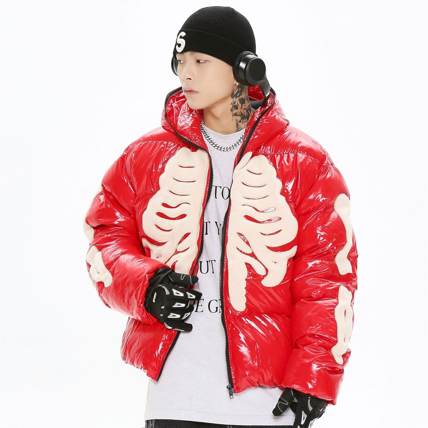 Men's Embroidered Leather Hooded Cotton Coat