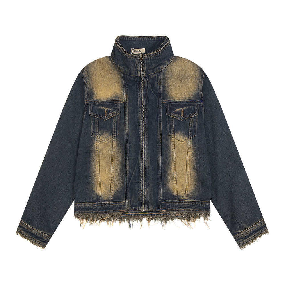 Waste Soil Spray Painting Distressed Raw Edge Denim Stand Collar Short Coat