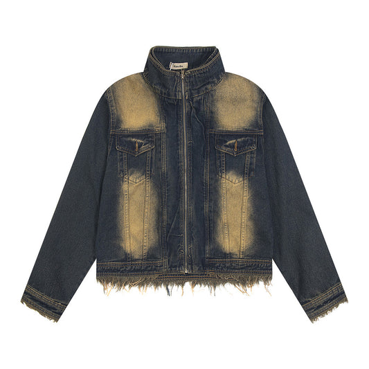 Waste Soil Spray Painting Distressed Raw Edge Denim Stand Collar Short Coat