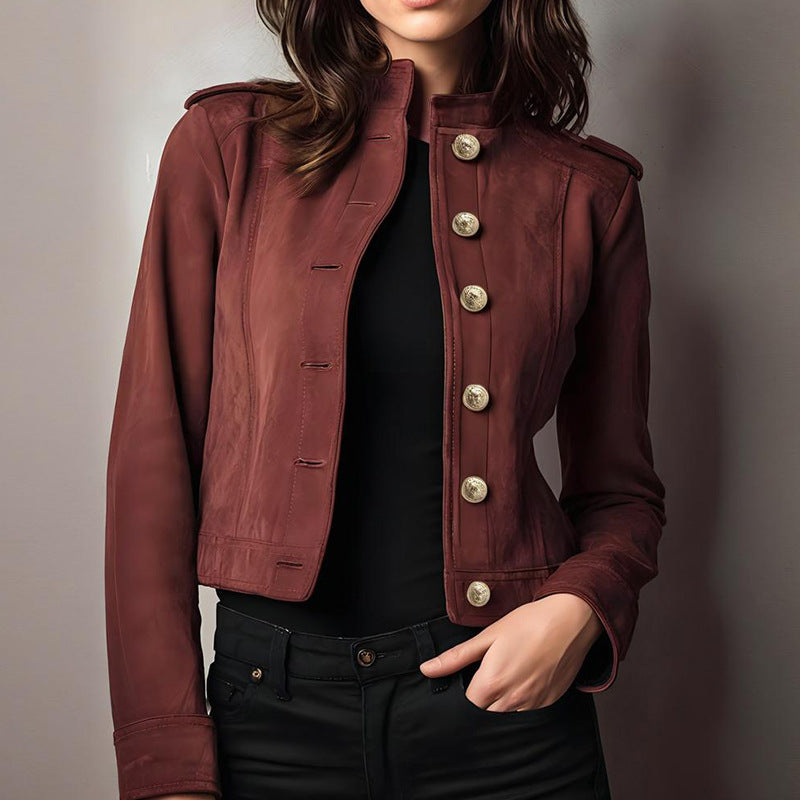 Veste courte en suède à manches longues, style rétro mode femme