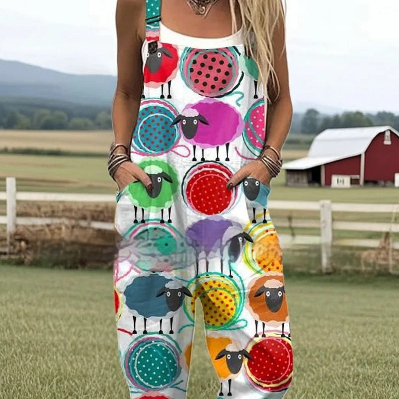 Digital Printing Button Casual Suspender Trousers