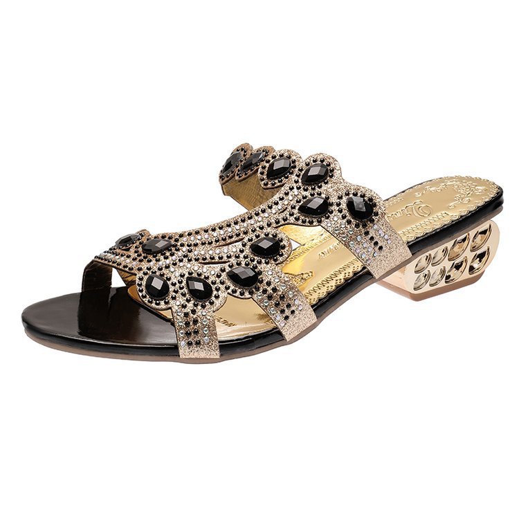 Women's Fashionable All-match Low Heel Rhinestone Outdoor Slippers