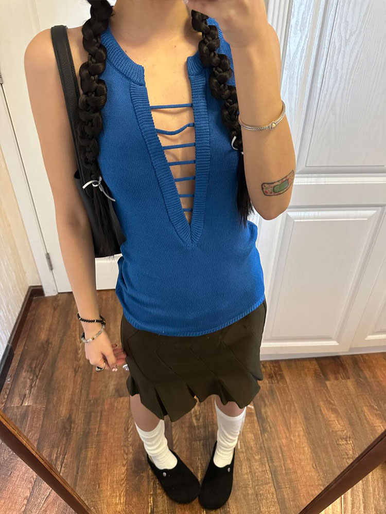 Blue Halter Sleeveless Vest Hollow Out V-neck Camisole Top