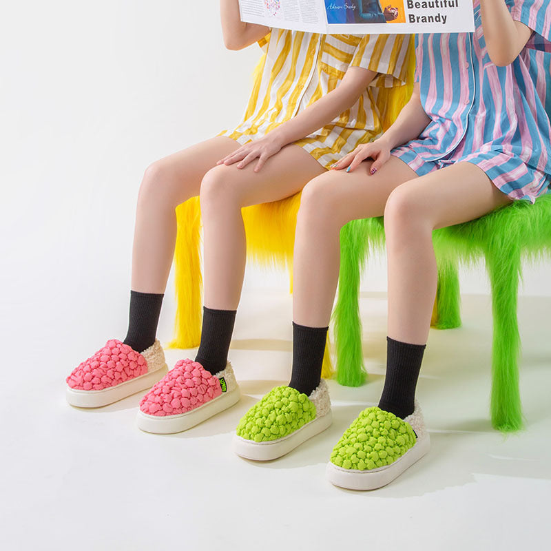 Autumn And Winter New Candy Color Puff Face Static Elegant Couple Home Can Be Worn Outside Warm Cotton Slippers
