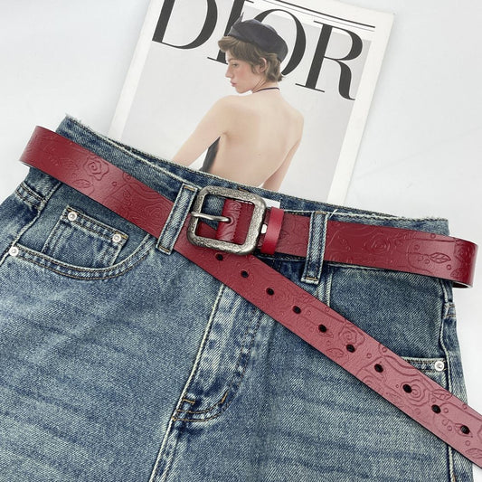 Vintage Leather Belt For Women Fashionable Embossed Cowhide
