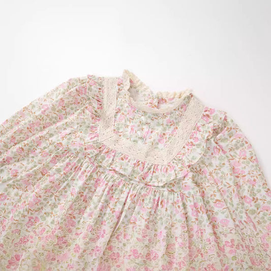 Girls' Floral Dress Garden Style Mori Style Lace Puff Sleeve Princess Dress