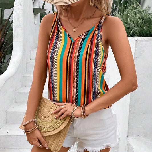 Strapped Striped Colorful V-Neck Casual Comfortable Sleeveless T-Shirt