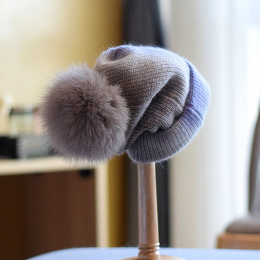 Women's Casual Autumn And Winter Fox Fur Ball Wool Hat