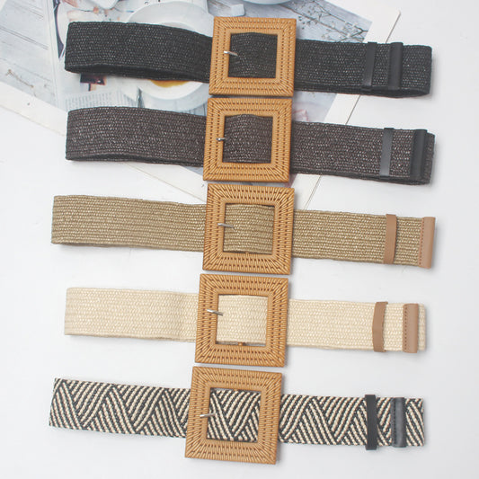 Ladies Fashion Wax Rope Braided Square Buckle Posey Wide Belt