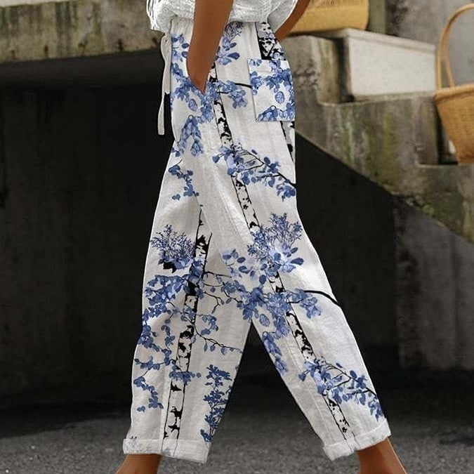 Digital Flower Printing Rag-eared Casual Pants