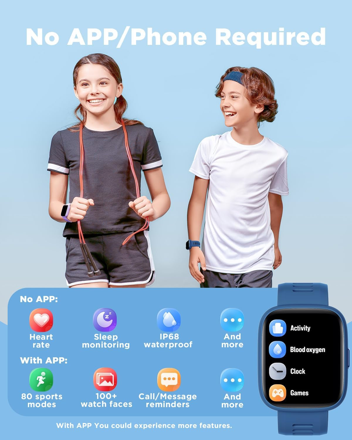 Smart Watch for Kids, 1.8" Fitness Tracker Watch Pedometer, Heart Rate, IP68 Waterproof, Sleep Monitor, Calorie Step Counter, 5 Puzzle Games With/Without APP for Girls Boys Teens 5-16