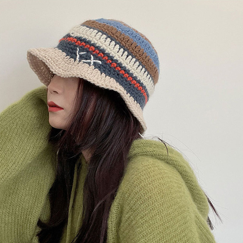 Small Hand Hook Color Stripe Wool Fisherman Hat Children