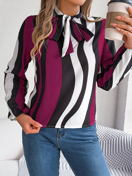 Women's Elegant Color Block Stripe Tie Waist Lantern Sleeve Chiffon Top