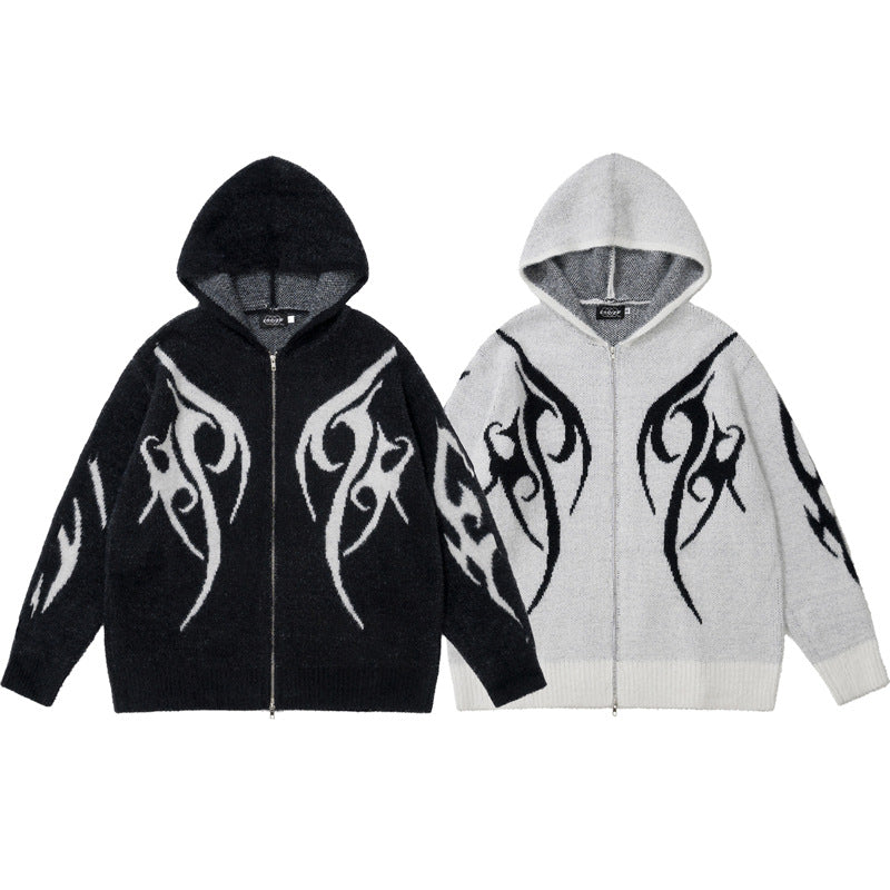 Totem Jacquard Contrast Color Hooded Zip Sweater