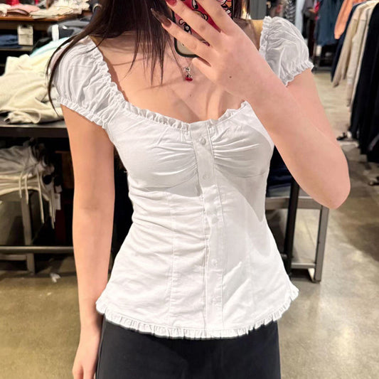 Sweet Slim Fit U-shaped French Wooden Ear Lace-collared Blouse