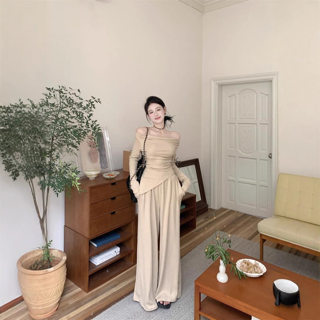 Long-sleeve Top And Wide-leg Pants Two-piece Set