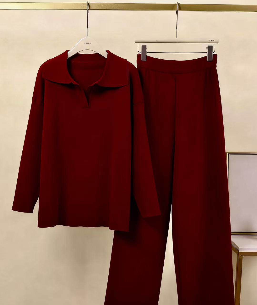 In Stock Springsummer Knit Polo-neck Long-sleeve Pullover And Trousers Two-piece Set