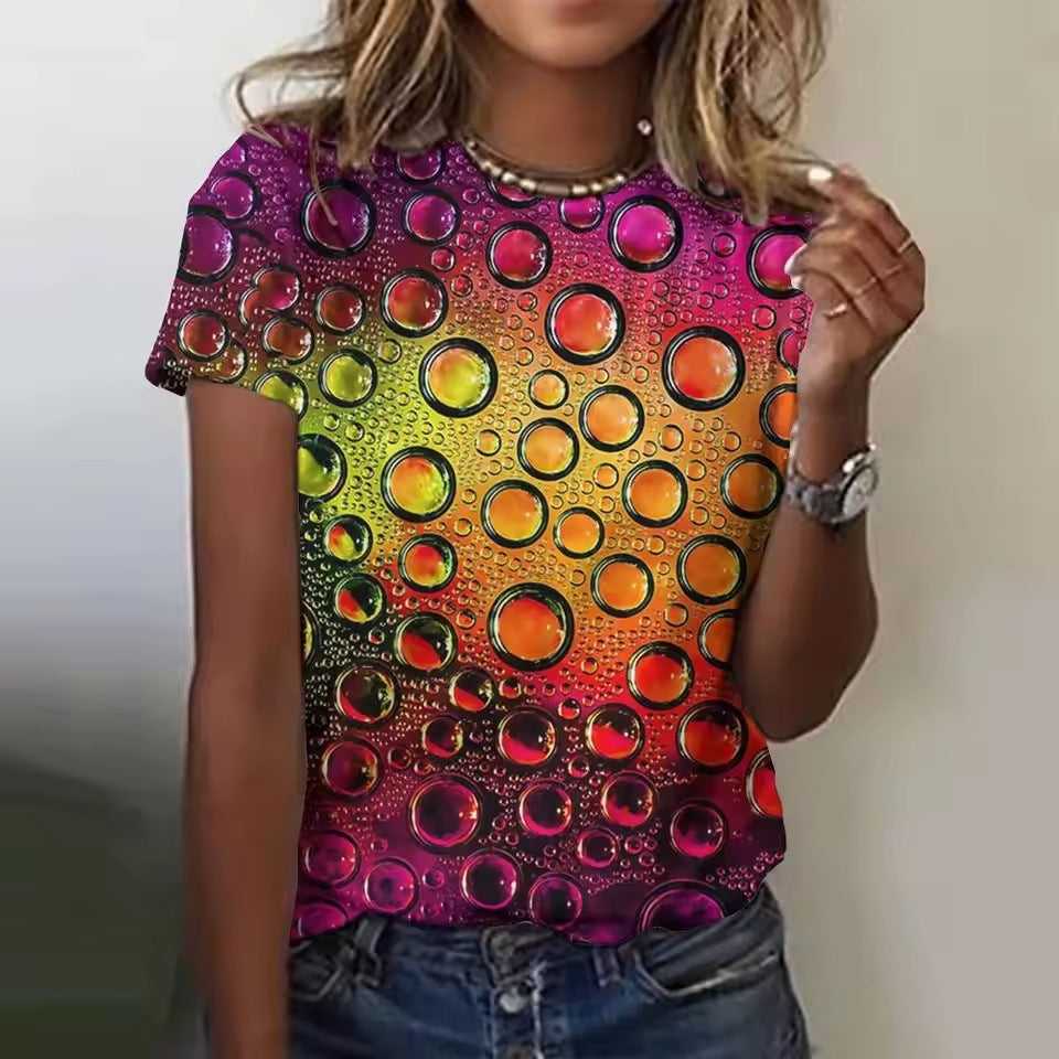 Women's Casual Short-sleeved Round Neck Colorful Water Drop 3D Printed T-shirt