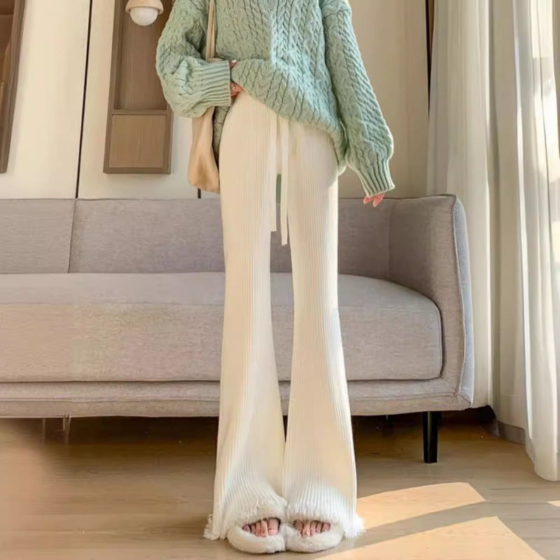 Womens Knitted Thickened High-Waist Straight-Leg Pants