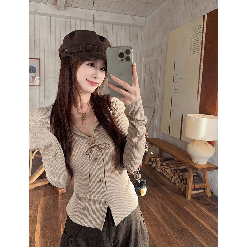 Womens French V-neck Long-Sleeve Button-Front Slim-Fit Top