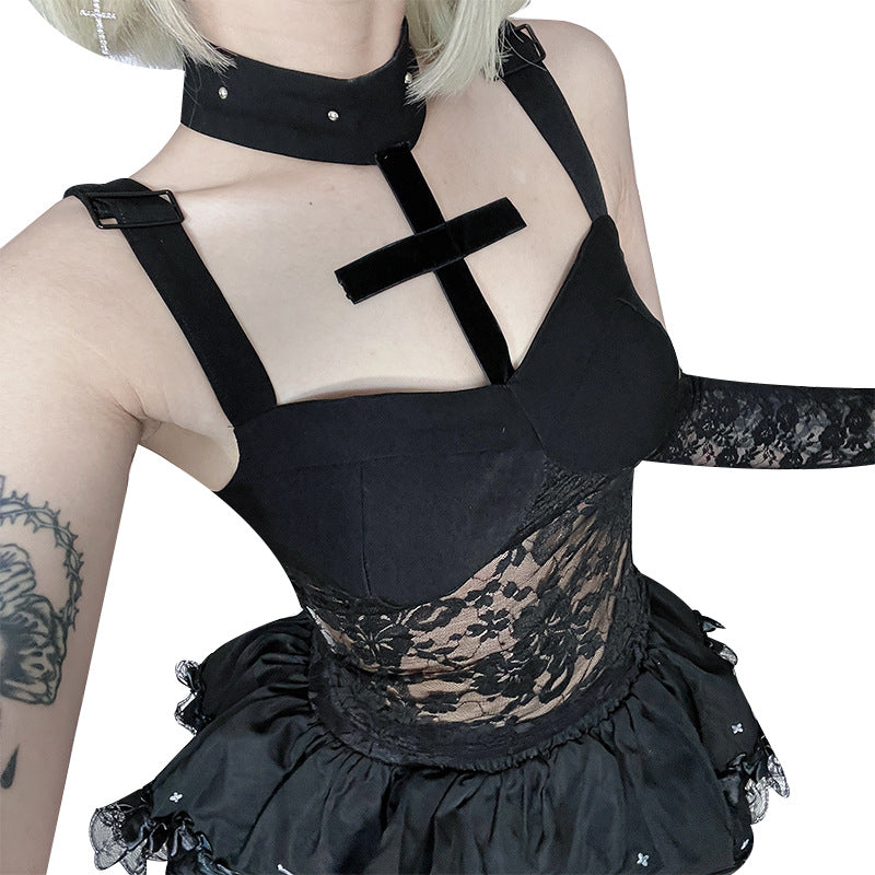 Dark Gothic Lace Cross-Neckline Camisole Sexy Slim-Fit Spaghetti-Strap Top For Bold Edgy Looks