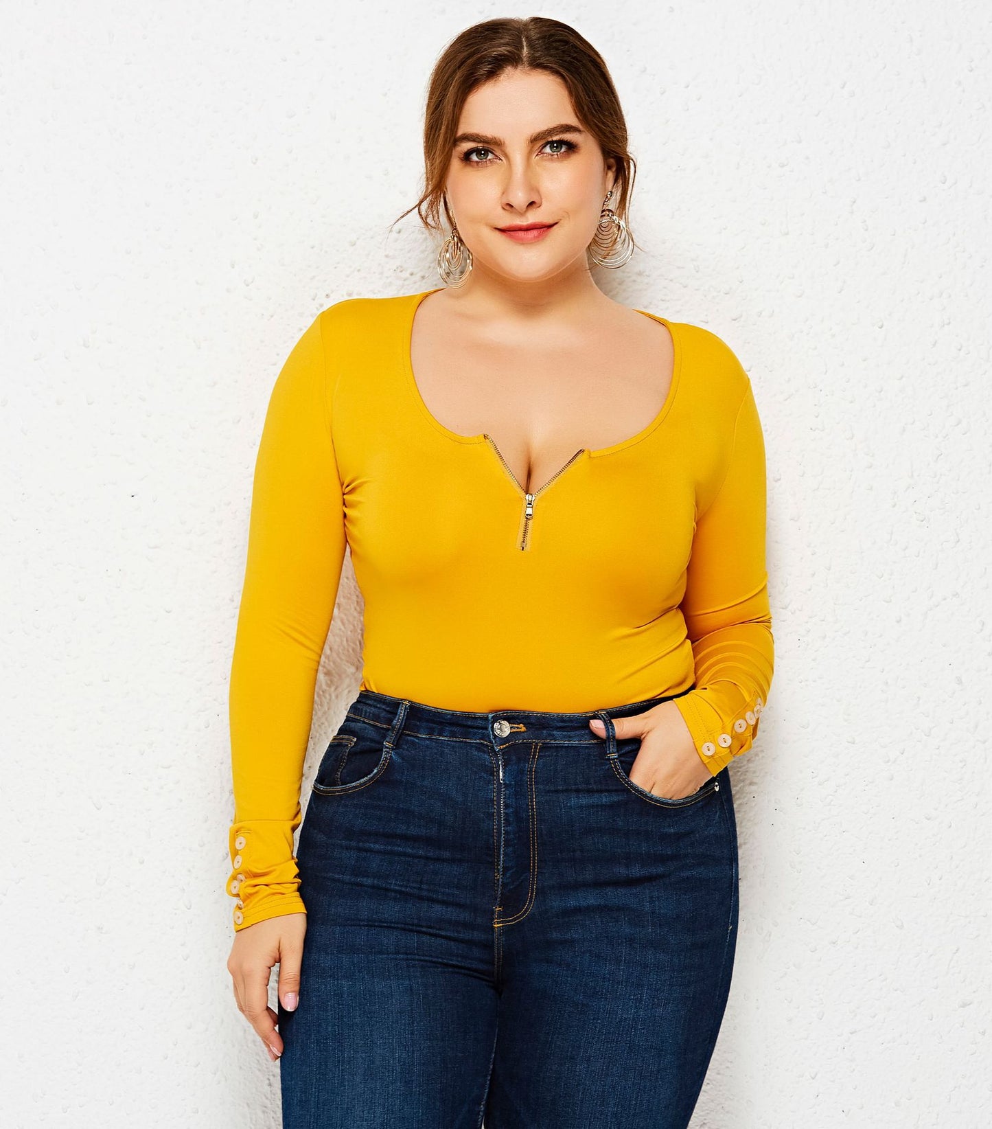 Long Sleeve Round Neck Zipper Bodysuit Fashion  Bottoming Shirt