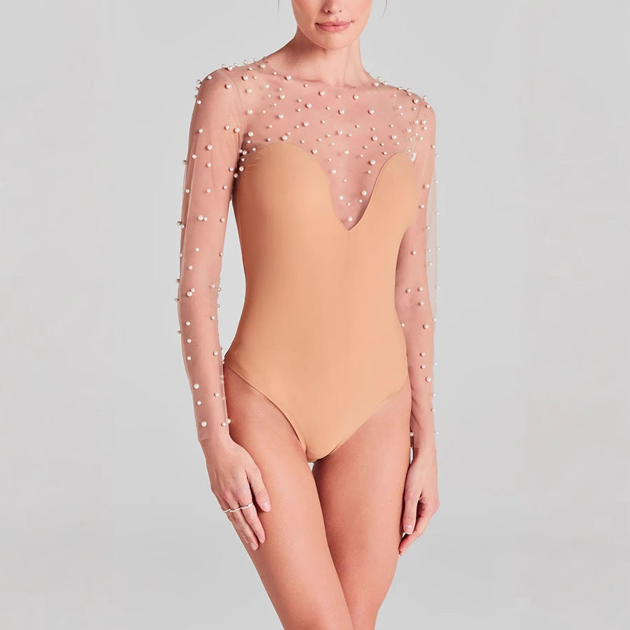 European And American Spring And Summer New Long Sleeve Inner Wear Foam Beads Stitching Jumpsuit