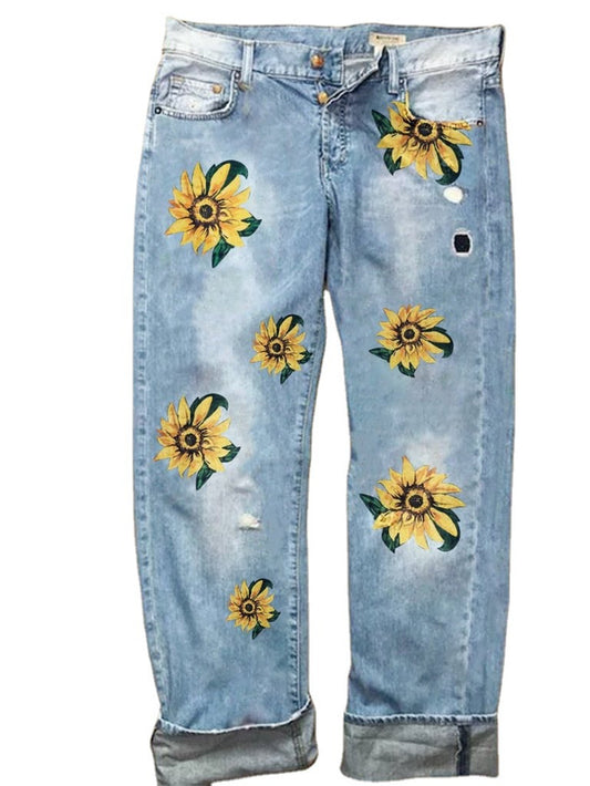 Sunflower Fashion Print Wide-leg Denim Trousers