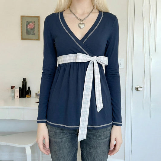 Womens Plaid Bow-Tie Cinched Waist Top