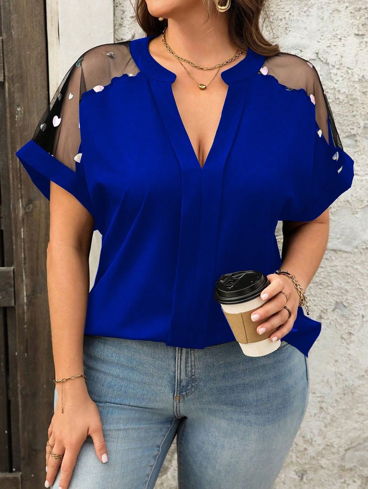 Mesh Sequin V-neck Fashionable Casual Loose Top