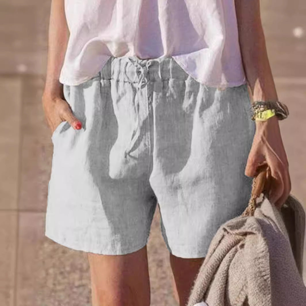 Solid-color Loose Cotton-linen Casual Pants Elastic Waistband With Tie-string Shorts