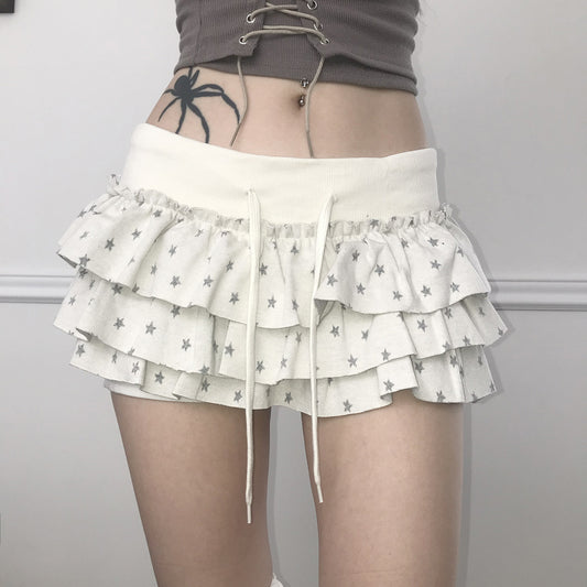 Sweet Printed Contrast Color Stretch Double Layer Skirt