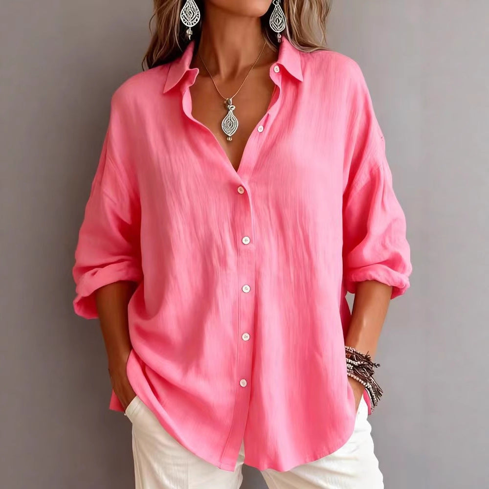 Fashionable Solid-color Long-sleeve Lapel Cardigan Shirt