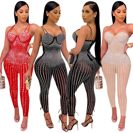 Sexy Mesh See-through Rhinestone Sleeveless Suspender Jumpsuit For Women