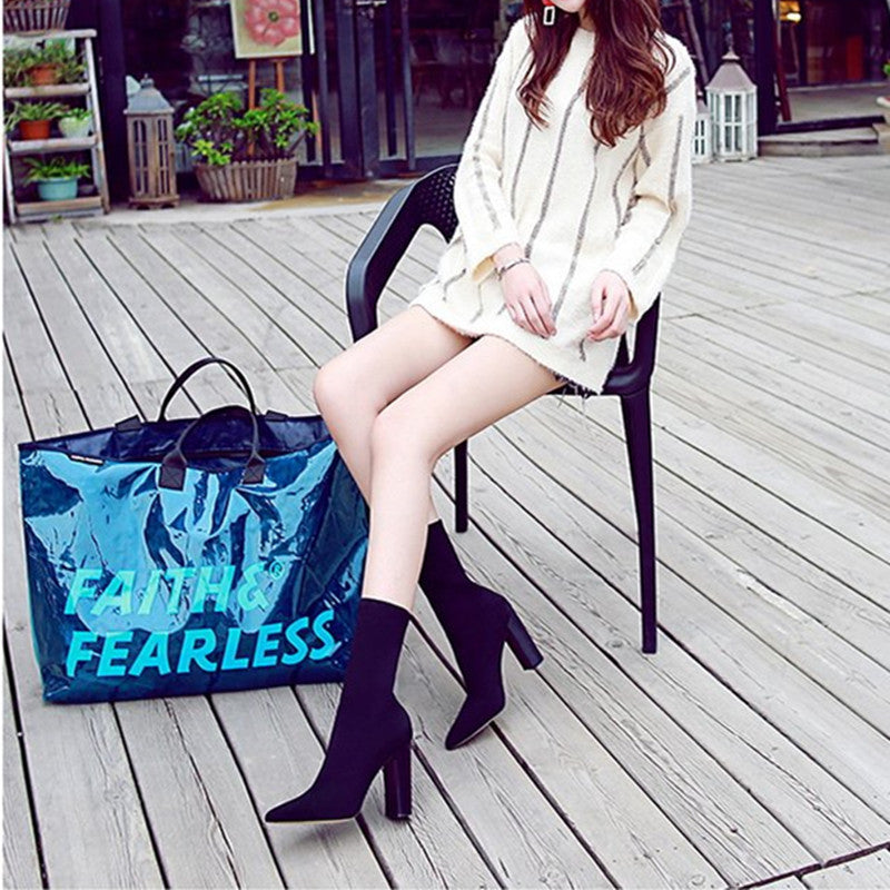 High-heeled Mid-tube Boots Were Thin Elastic Women's