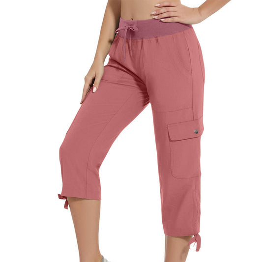 Womens Workwear Cropped Pants With Pockets And Elastic Waistband Stylish And Casual