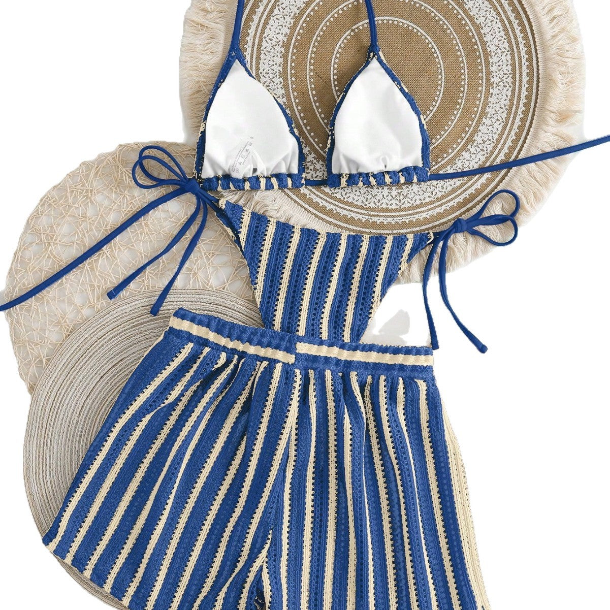 Womens Sexy Woven Bohemian Bikini Three-Piece Set